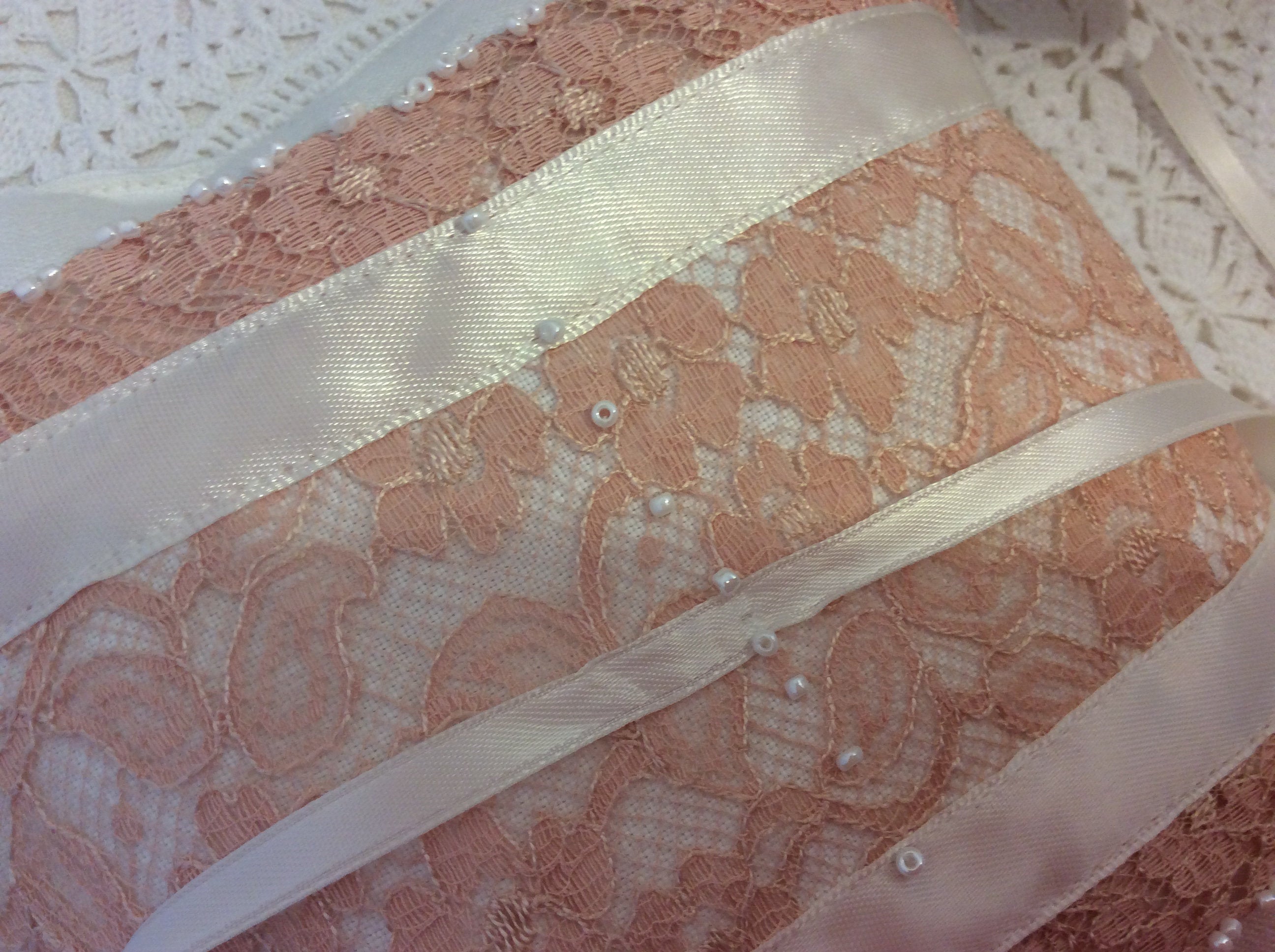 Wedding Pillow - peach lace and ribbons